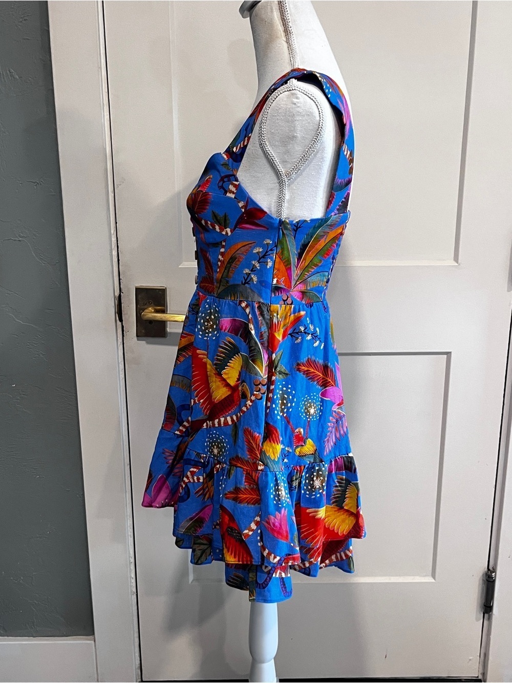 Farm Rio Macaw Blue Tiered Linen Blend Mini Dress XS - Picture 3 of 14